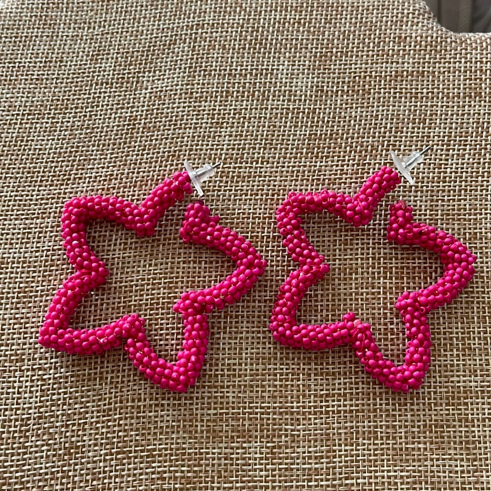 Hot pink tiny beaded flower shaped pierced earrings
